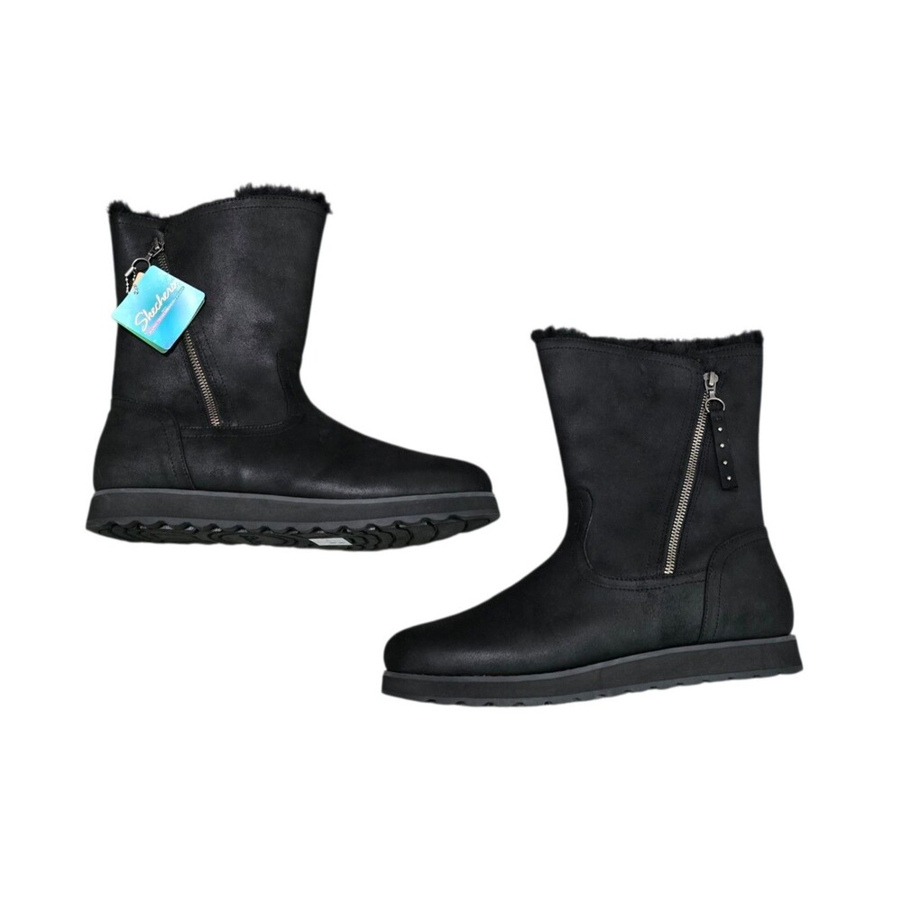 Skechers Keepsake Boots Womens Size 11 Black Faux Leather Faux Fur Side Zip